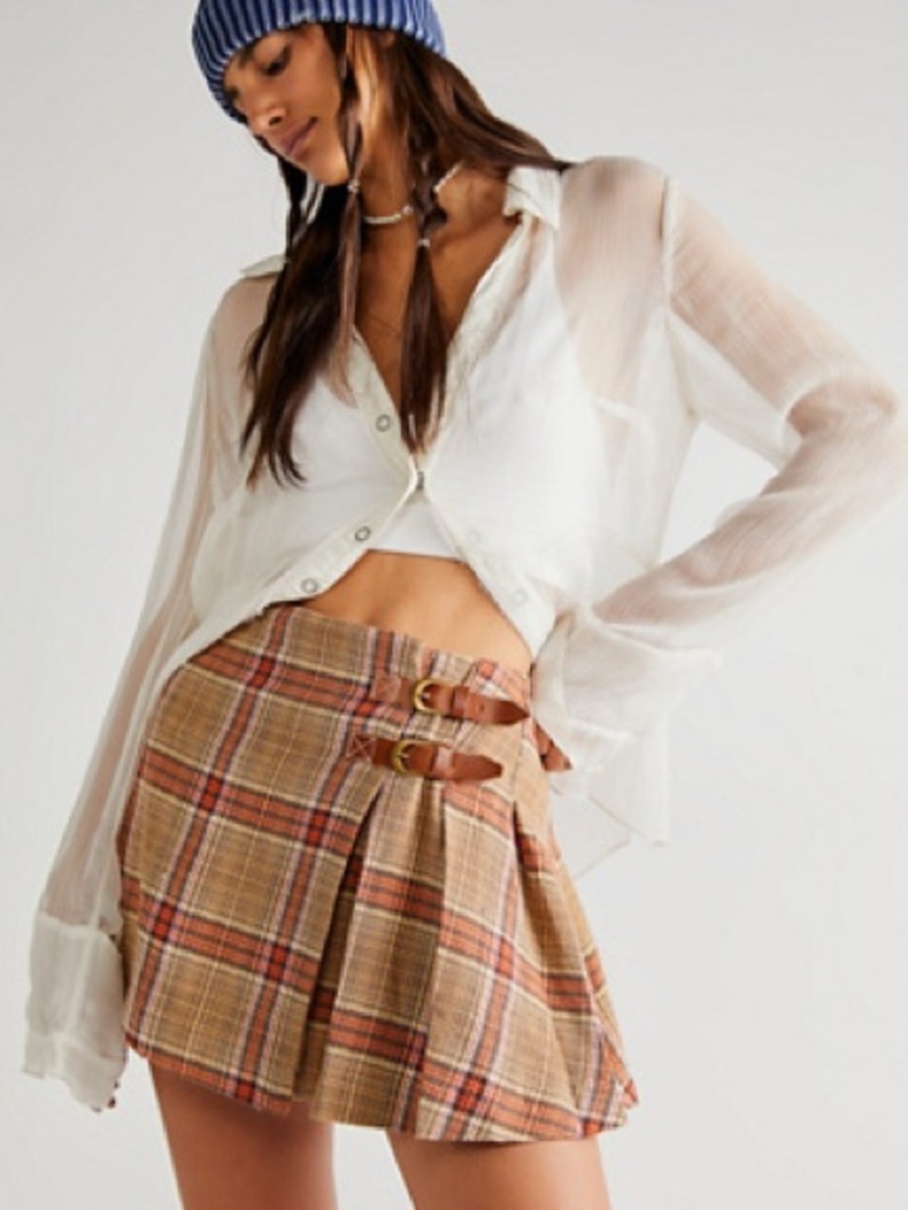 Free people Bali tail Plaid leather Buckle Mini Skirt - Tan orange cream